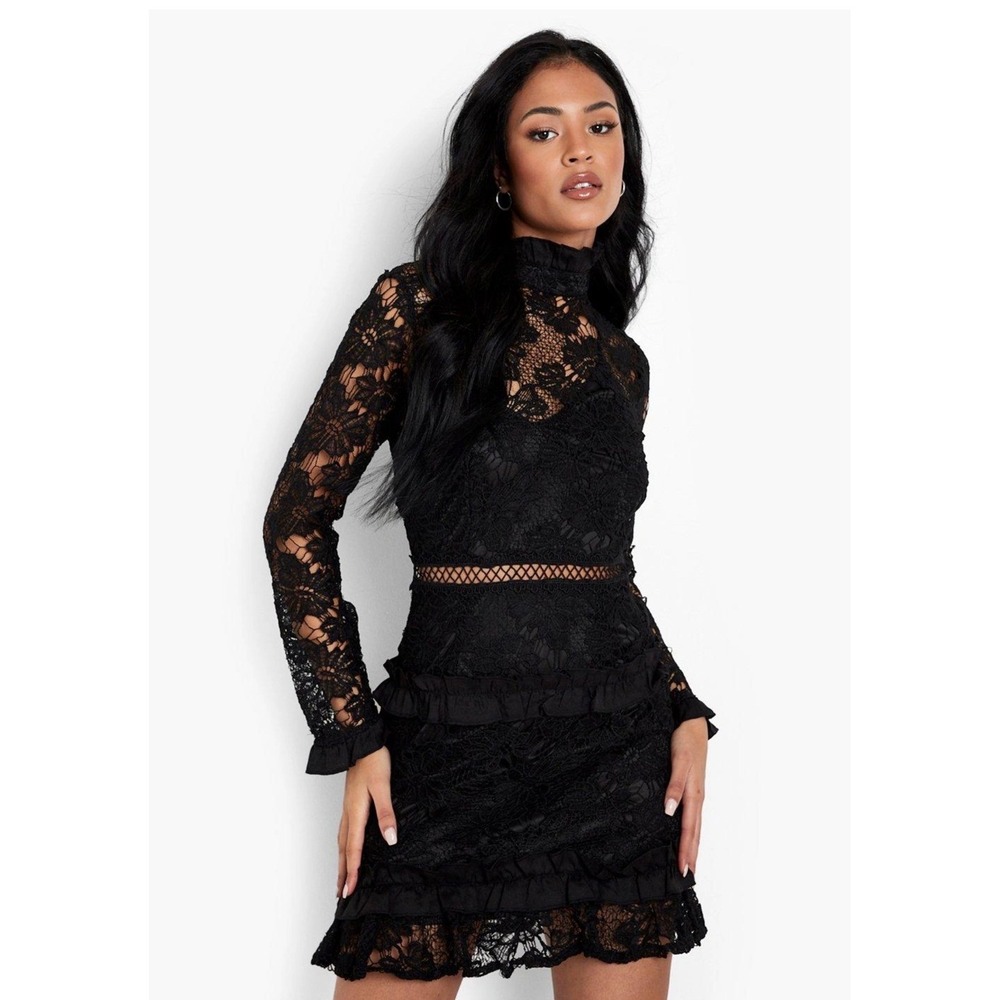 Black Lace Long-Sleeve Mini Dress